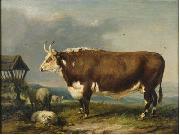 James Ward, Hereford Bull with Sheep by a Haystack